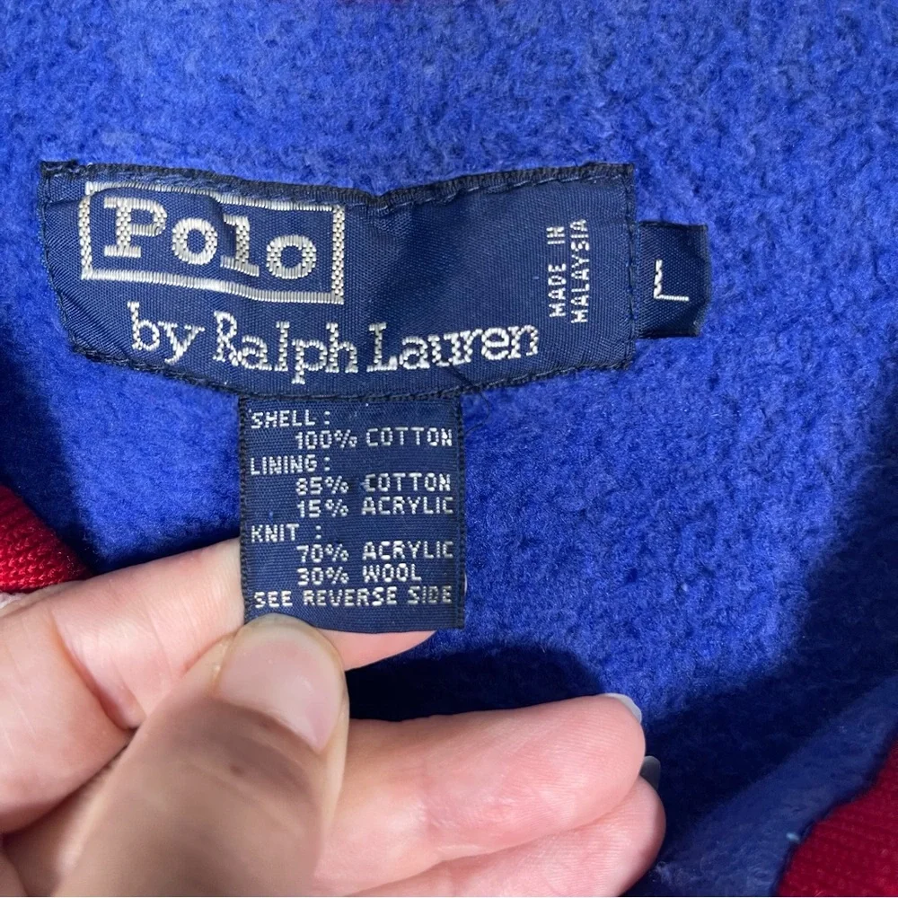 Vintage‎ Polo Mens Large Black Blue Color Block Wool Collar Fleece Lined Jacket